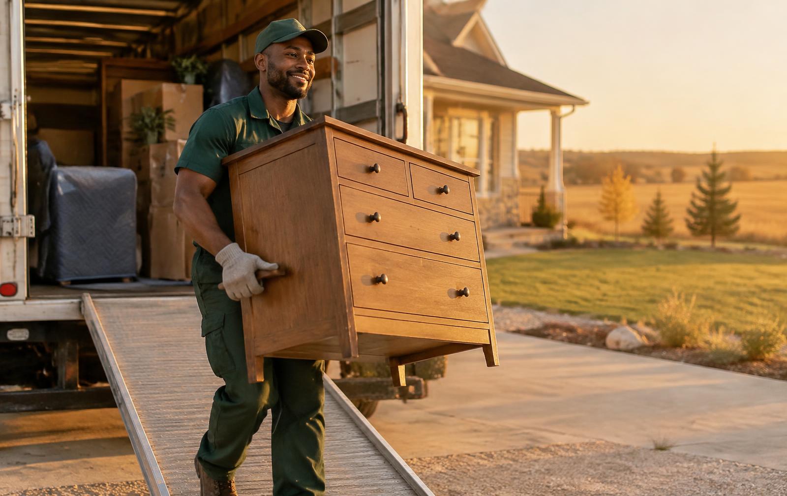 Boxed & Bound mover carrying a wooden dresser down a truck ramp at golden hour