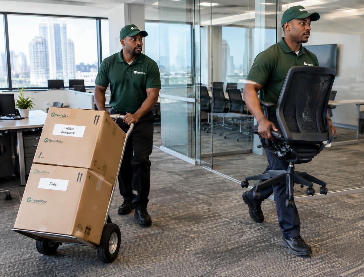 Boxed & Bound movers moving boxes and chairs in an office