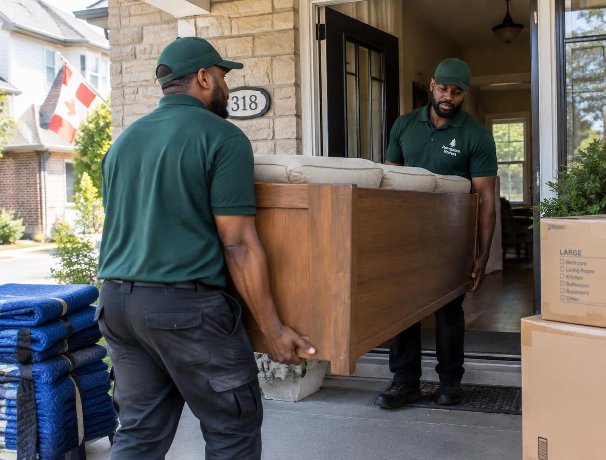 Boxed & Bound movers carrying a sofa through the front door of a house