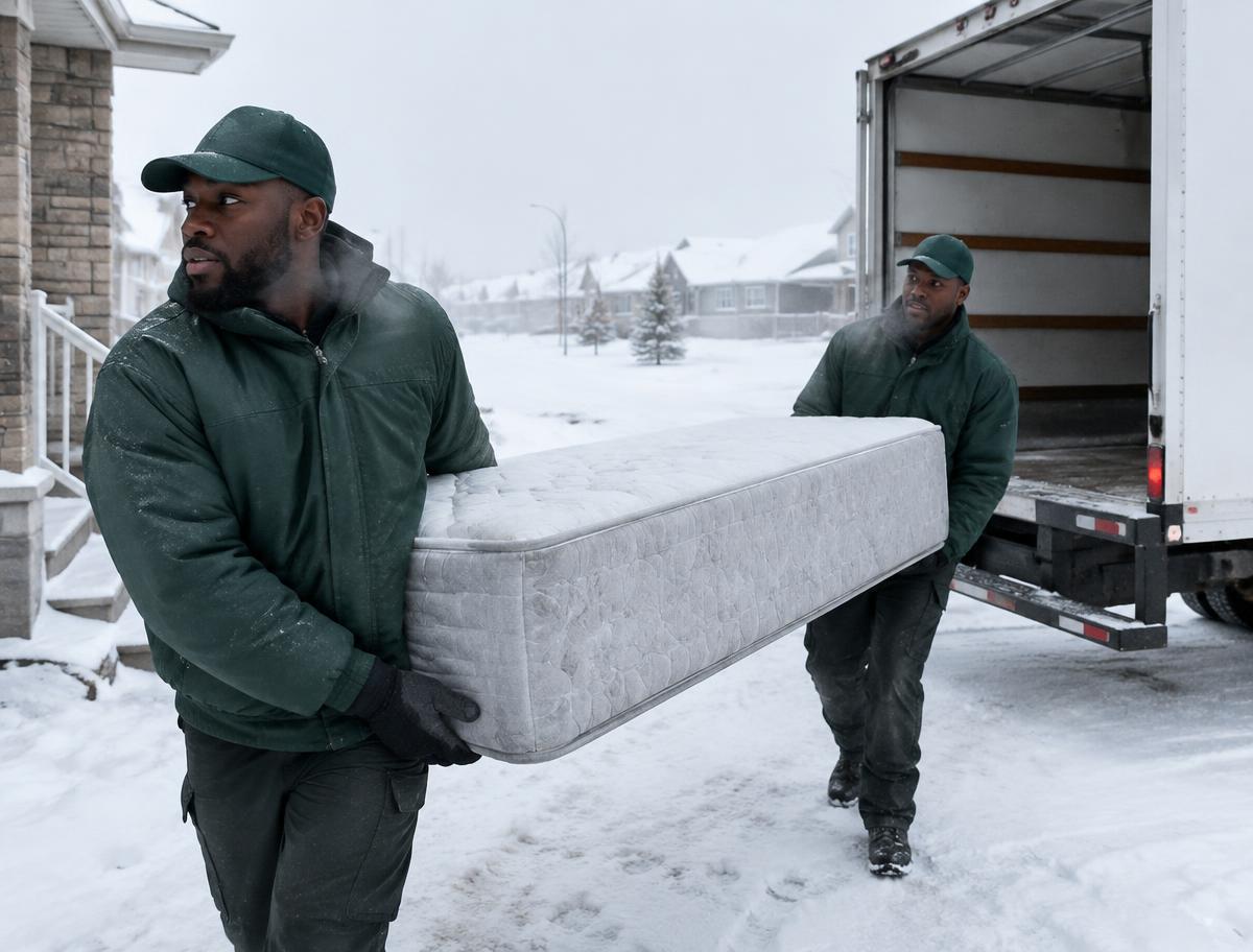 Boxed & Bound movers carrying a mattress through the snow to a truck